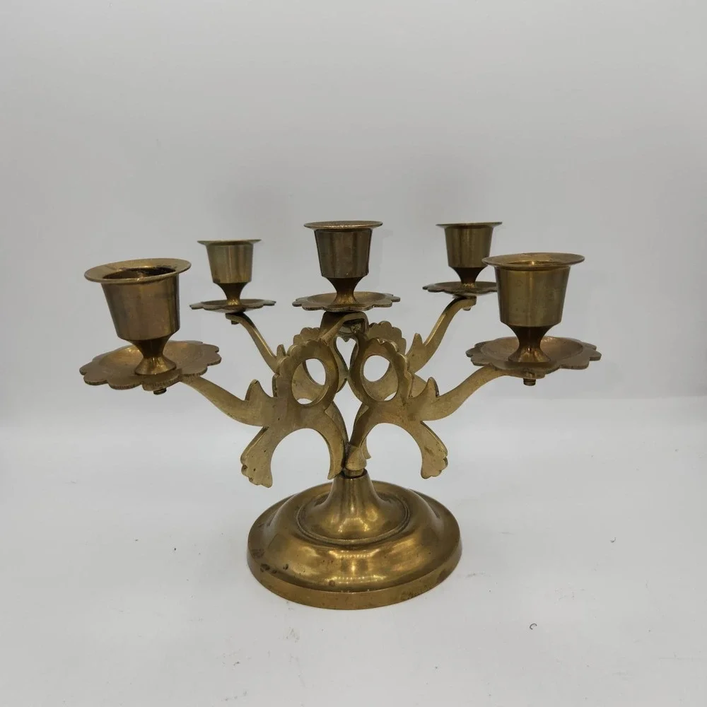 Vintage Solid Brass 5-Arm Candelabra Ornate Hand Crafted India Ornate Decorative